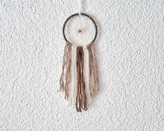 Boho Dreamcatcher brown white with yarn falls, wallhanging homedecor