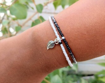 Boho summer seed bead bracelet with tassel and leaf charm, black & white, Hippie bracelet, boho bracelet, adjustable