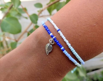 Boho summer seed bead bracelet with tassel and leaf charm, blue, Hippie bracelet, boho bracelet, adjustable