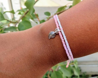 Boho summer seed bead bracelet with tassel and leaf charm, pink, Hippie bracelet, boho bracelet, adjustable