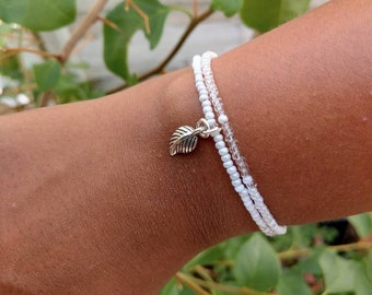 Boho summer seed bead bracelet with tassel and leaf charm, white, Hippie bracelet, boho wedding, adjustable