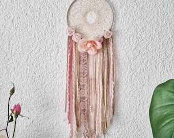 Romantic Boho Dreamcatcher with Roses, yarn falls, beads, wallhanging homedecor, bohodecoration