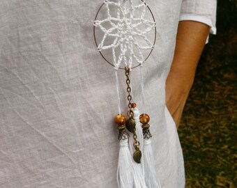 Boho crochet dreamcatcher necklace, white, with charms and tassels, bohowedding