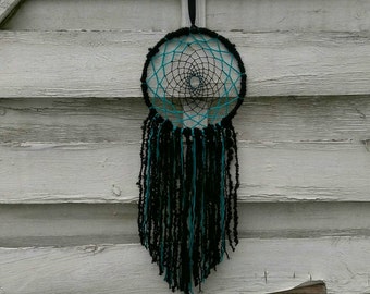 Boho Dreamcatcher black turquoise with yarn falls, wallhanging homedecor