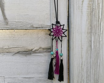 Boho crochet dreamcatcher necklace, black and magenta, with leaf charms and tassels