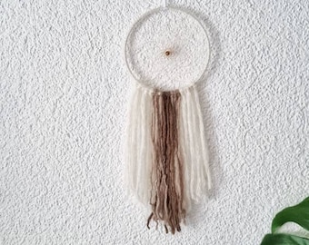 Boho Dreamcatcher white brown with yarn falls, wallhanging homedecor