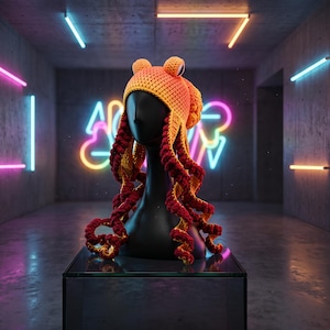 May include: A crochet hat featuring an orange and yellow gradient cap with two protruding eyes on top and long, spiraling dark red and yellow tentacles that drape down the sides, displayed on a black mannequin head in a neon-lit room.