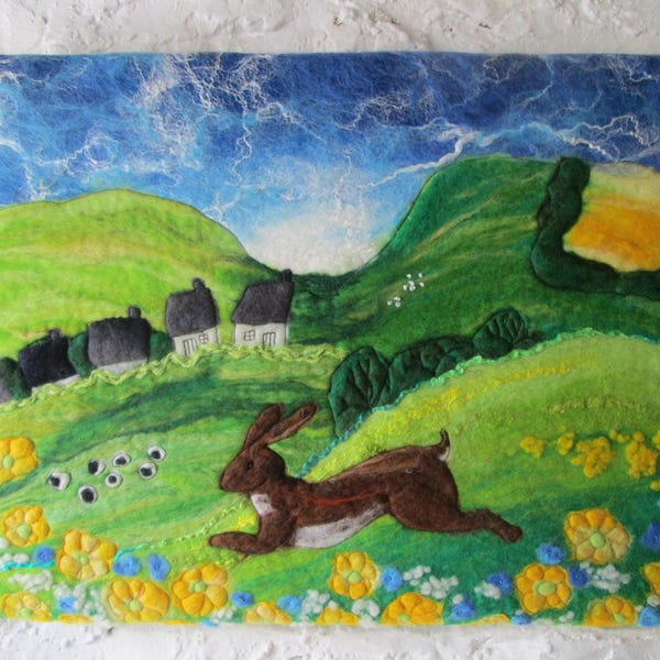 textile art, felted wall art, hare picture