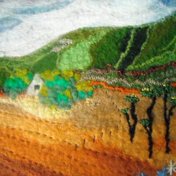 Textile wall art , felted landscape, country landscape, wet felted textile,mountain scene, The holding