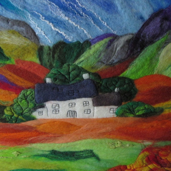 textile wall art, wet felted landscape with stitch.