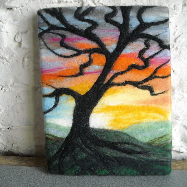 abstract tree at sunset, wet felted fiber art