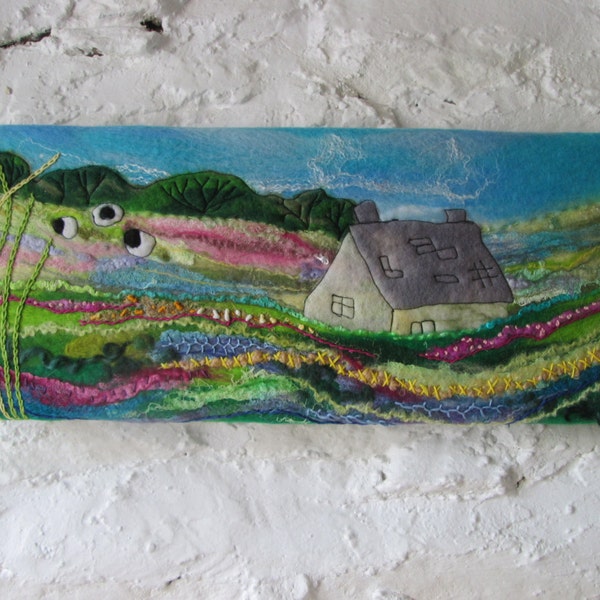 textile wall art, textured felt painting, hand embroidery, flower fields, 20 x 8 inches