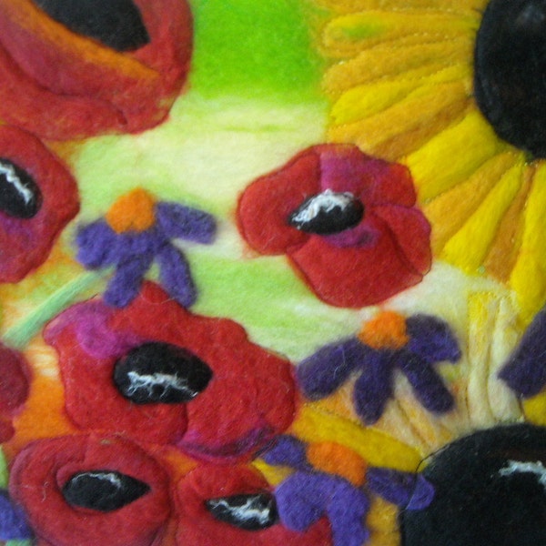 felted picture, sunflowers and poppies, wet felted art