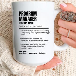 May include: A white ceramic mug featuring black printed text that defines a Program Manager as a strategy driver. The text includes a phonetic pronunciation, three bulleted job responsibilities, and a see also section listing Architect, Innovator, and Builder.