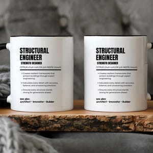 May include: Two white ceramic mugs with black handles and rims, each featuring a dictionary-style definition of a structural engineer. The text includes the title, phonetic pronunciation, and three bullet points describing engineering tasks.