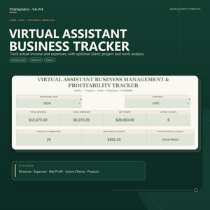 Hoja de cálculo de Google para la gestión de un negocio de asistente virtual | Clientes, proyectos, registro de trabajo, ingresos y gastos