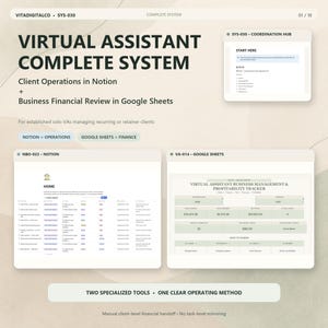 May include: A digital product display titled Virtual Assistant Complete System featuring Client Operations in Notion and Business Financial Review in Google Sheets. It includes three interface previews for a coordination hub, a Notion home dashboard, and a financial tracker.