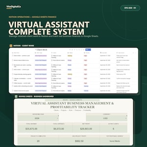 Peut inclure: Un système de gestion numérique comprenant un tableau de bord Notion pour le travail client avec des listes de tâches et un suivi Google Sheets pour la gestion d'entreprise et la rentabilité affichant les données financières 2026.