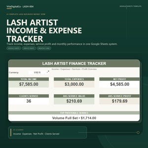 Könnte beinhalten: Eine digitale Google Sheets-Vorlage mit dem Titel Lash Artist Income & Expense Tracker. Die Benutzeroberfläche zeigt Finanzkennzahlen wie Gesamteinnahmen, Ausgaben, Nettogewinn und den durchschnittlichen Service-Wert in USD.