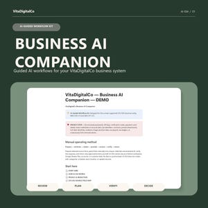 Könnte beinhalten: Ein digitales Dokument mit dem Titel Business AI Companion von VitaDigitalCo, das ein KI-gestütztes Workflow-Kit, einen Datenschutzhinweis, eine manuelle Betriebsmethode und einen Startbereich mit Links zu Funktionsweise und Datenschutz enthält.