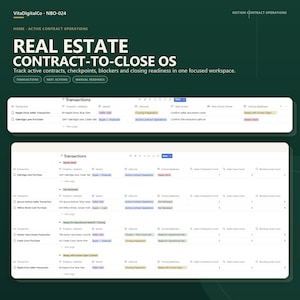 Può includere: Una dashboard digitale intitolata Real Estate Contract-to-Close OS di VitaDigitalCo. L'interfaccia mostra tabelle per tracciare transazioni, indirizzi, cicli di vita e stati di chiusura con etichette codificate a colori.
