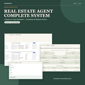 Peut inclure: Un système complet pour agent immobilier numérique comprenant des modèles Notion et Google Sheets. L'interface affiche les opérations de contrat à la clôture, les finances et le suivi des commissions avec des tableaux de données.