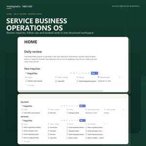Könnte beinhalten: Ein digitales Dashboard mit dem Titel Service Business Operations OS von VitaDigitalCo. Die Benutzeroberfläche zeigt einen Startbildschirm mit Abschnitten für tägliche Überprüfungen, neue Anfragen, Angebote und Buchungen.