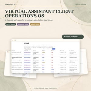 Puede incluir: Una plantilla digital titulada Virtual Assistant Client Operations OS para Notion. La interfaz muestra un panel de control Home con una tabla para el trabajo del cliente, incluyendo columnas para tareas, clientes, estado y fechas.