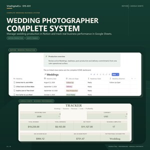 Könnte beinhalten: Ein digitales Geschäftssystem für Hochzeitsfotografen mit einem Notion-Dashboard für das Produktionsmanagement und einem Google Sheets-Tracker für die Geschäftsleistung, der Finanzdaten für das Jahr 2026 anzeigt.