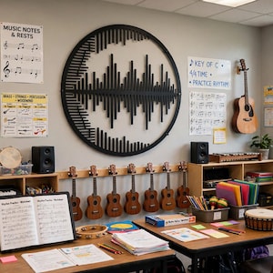 May include: A music classroom featuring a large circular black wall art piece with a sound wave design. The room includes a wall-mounted acoustic guitar, a row of six wooden ukuleles, a keyboard, a djembe drum, and various educational music posters.