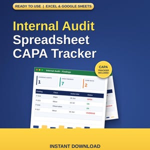 Puede incluir: Un archivo digital de hoja de cálculo de auditoría interna y rastreador CAPA para Excel y Google Sheets. El gráfico muestra un panel con columnas para hallazgos, clase, fecha de vencimiento y estado, junto a una insignia amarilla con CAPA TRACKER INCLUDED.