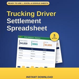 May include: A digital Trucking Driver Settlement Spreadsheet for Excel and Google Sheets. The graphic displays a settlement statement with gross earnings of $4,820, deductions of $965, and net pay of $3,855, featuring a 5 pay methods badge.
