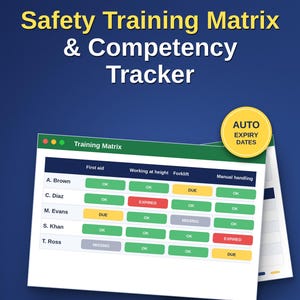Matriz de Treinamento de Segurança e Rastreamento de Competências | Alertas de Vencimento, Planejador de 12 Meses (Excel/Google Sheets)