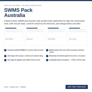 May include: An Australian WHS editable word pack titled SWMS Pack Australia. It includes a blank master SWMS, fourteen worked trade statements for high risk construction, job steps, controls, ratings, a sign-on register, and Australian terminology.