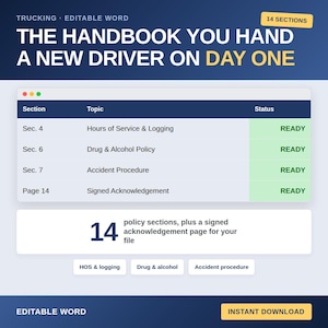 May include: A digital document template titled The Handbook You Hand A New Driver On Day One, featuring a table with 14 sections, including Hours of Service, Drug & Alcohol Policy, Accident Procedure, and Signed Acknowledgement, all marked as ready.