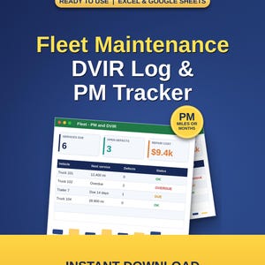 Flottenwartungs-DVIR-Protokoll & PM-Tracker | DOT-Inspektion, Reparaturkosten (Excel/Google Sheets)