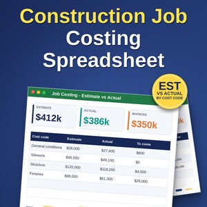 Feuille de calcul des coûts des travaux de construction | Estimation vs Réalisé, Ordres de modification, Retenue de garantie (Excel)