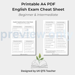 May include: A printable A4 PDF English Exam Cheat Sheet for beginner and intermediate levels. The document features two pages of organised text boxes containing conversation starters, opinion phrases, weather topics, questions, fillers, and polite disagreement phrases.