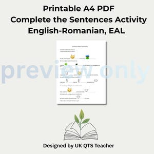 May include: A printable A4 PDF English-Romanian complete the sentences activity sheet for EAL learners. The document features text lines with blank spaces, interspersed with small colourful emojis of cats, houses, and food items. The text is black.