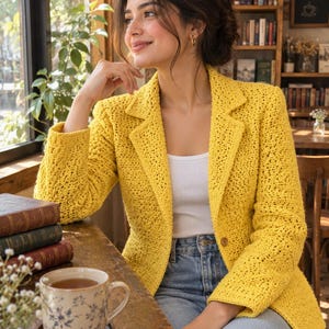 Può includere: Un blazer giallo brillante all'uncinetto con revers dentellato, maniche lunghe e chiusura a un bottone. Il capo è realizzato con un motivo a maglia aperta testurizzato ed è indossato sopra una canotta bianca semplice e jeans azzurri.