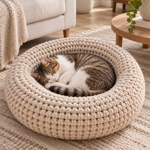 May include: A round, beige, chunky knit pet bed with a thick, raised circular rim. A brown and white tabby cat is curled up asleep in the center of the soft, textured, woven fabric bed, which features a consistent, dense, knotted stitch pattern.