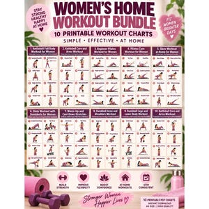 May include: A digital bundle of 10 printable workout charts titled Women's Home Workout Bundle. Each chart features numbered exercise illustrations with text labels for kettlebell, pilates, glute, and dumbbell routines on a light background.