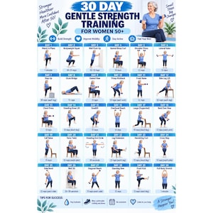 Puede incluir: Un plan de entrenamiento de fuerza suave de 30 días para mujeres de más de 50 años con una cuadrícula de 30 ilustraciones de ejercicios. Cada recuadro muestra a una persona con ropa deportiva azul realizando un movimiento con repeticiones.