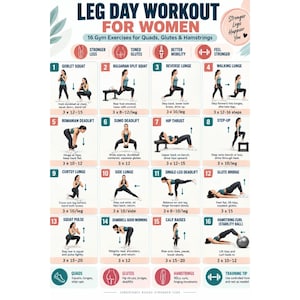May include: A Leg Day Workout poster featuring 16 numbered gym exercises for quads, glutes, and hamstrings. The chart includes illustrations of individuals performing movements like squats, lunges, and deadlifts, with text instructions and set counts.