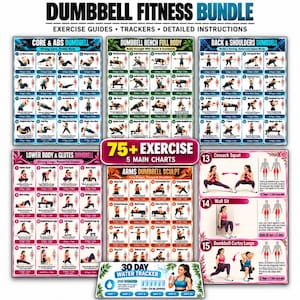 May include: A dumbbell fitness bundle featuring five main exercise charts and a 30-day water tracker. The charts include Core & Abs, Dumbbell Bench Full Body, Back & Shoulders, Lower Body & Glutes, and Arms Dumbbell Sculpt, totaling over 75 exercises.