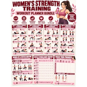 May include: A digital workout planner bundle featuring the text WOMEN'S STRENGTH TRAINING WORKOUT PLANNER BUNDLE. It includes four daily exercise charts, a warm-up and stretch routine, a weekly fitness habit tracker, and a progress tracker sheet.