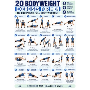 Può includere: Un poster informativo bianco intitolato 20 Bodyweight Exercises for Men, che presenta venti illustrazioni numerate di una persona con maglietta blu e pantaloncini neri che esegue vari esercizi con istruzioni testuali per ogni movimento.