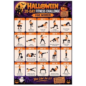 May include: A Halloween 20-Day Fitness Challenge poster featuring a purple background with orange accents, a haunted house, and pumpkins. It displays twenty daily exercise routines with illustrations of a person performing each movement.