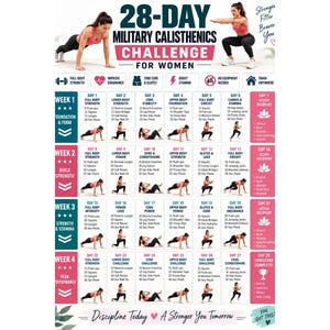May include: A 28-day military calisthenics challenge chart featuring daily exercise routines, illustrations of various bodyweight movements, and text headers including "28-Day Military Calisthenics Challenge for Women" and "Discipline Today A Stronger You Tomorrow."