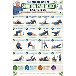 May include: A printable workout chart titled Senior Men Sciatica Pain Relief Exercises featuring 16 numbered illustrations of mobility moves. Each panel shows a person in blue clothing performing stretches with text instructions for reps and duration.